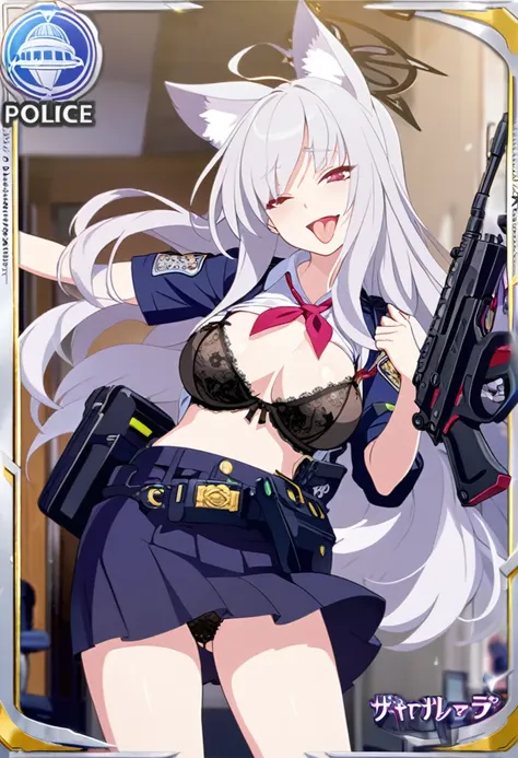 NSFW,1girl,Fox ears,Silver Hair,Trimmed long hair,high school girl,Police uniform,Crazy Smile,Sticking out tongue,Mobile Task Force Equipment,Possession of a gun,full Art,Normal breasts,Flip-up skirt,Sheer black lingerie