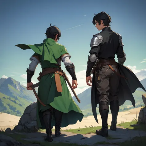 back view black hair boy with medieval outfit adventurer in the green mountain