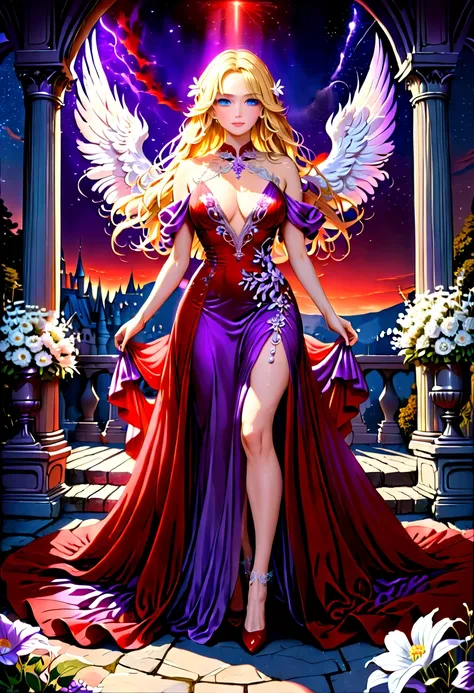 Arafed, a picture of a female angel in high society prom event, divine beautiful feminine angel, (blond hair: 1.4), long hair, flowing hair, the hair glows in a soft light, cerulean eyes, deep light eyes, divine feminine face, she wears a ((purple and red ...