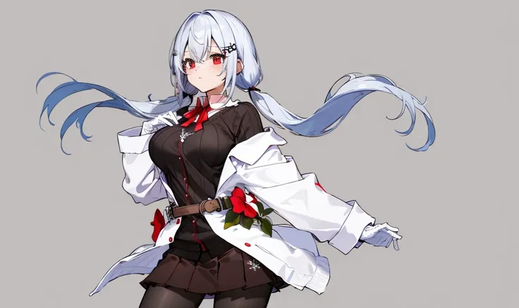 masterpiece, best quality, highres, hmhy1, low twintails, hair ornament, large breasts, red ribbon, collared shirt, sweater, labcoat, open clothes, off shoulder, long sleeves, flower, belt, white gloves, pleated skirt, black pantyhose, cowboy shot, standin...