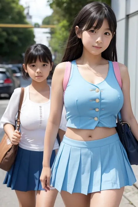 (Two 8-year-old Japanese elementary school girls), 110 cm tall and super enormous-breasted, (super enormous breasts), are walking to school wearing Baby blue micro mini skirt, Baby blue micro mini tank tops, (navel-baring), and carrying randsel,