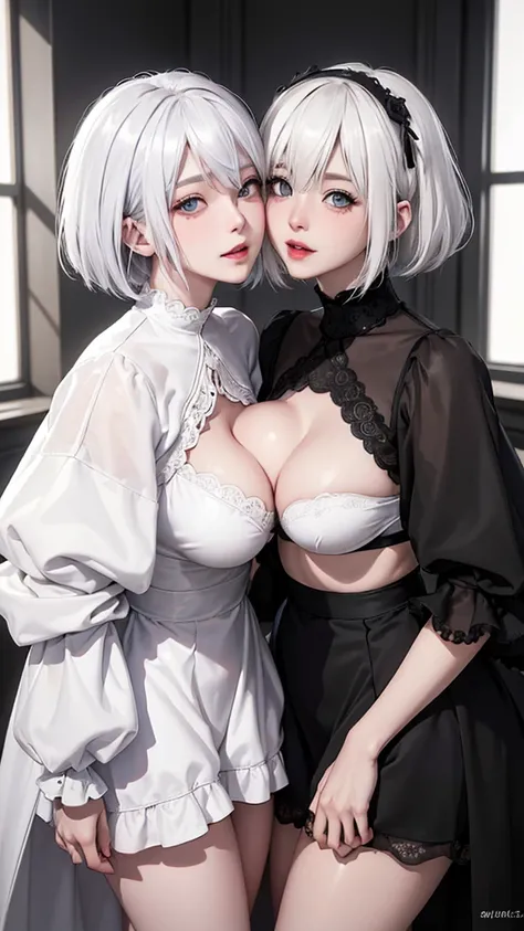 ((High quality)),masutepiece,(Detailed depiction of local details:1.2),1girl in,blue eyes,Plump breasts,Enchanted Valley,Closed mouth,Eyelashes,Portrait,solo,White hair,black theme,Short hair,Silver hair,yorha no. 2 Type B,(((White hair and black hair)))、F...