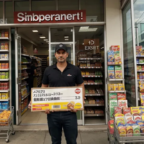 a man standing infront of a supermarket with board name "supermarket"