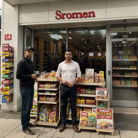 a man standing infront of a supermarket with board name "supermarket"