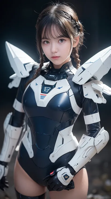 (Highest quality)), ((masterpiece)), (Very detailed: 1.3), 3d, {(1 Girl)}, (wear Dark blue old school swimsuit under armor:1.2), Non-armored waist, wears a futuristic white Gundam mecha,(Gundam), With headgear, With V-fin , Armored Shoulders,Armed, Armor u...