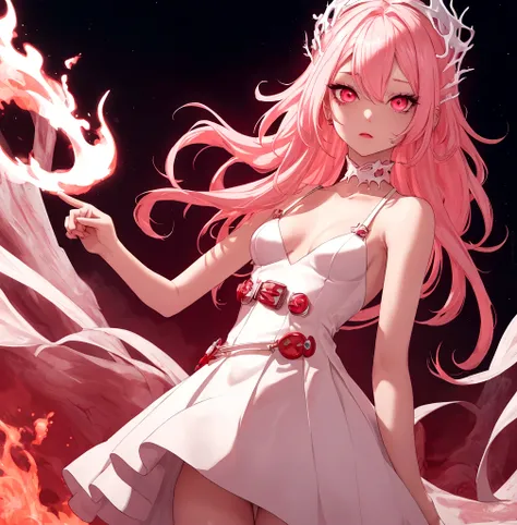 masterpiece, White glowing coral pink hair, long hair, glowing red eyes
Eyes, torn white shoulder strap dress, suspicious atmosphere, eerie,  small breasts, white skirt, thin body, Cool Beauty, red concentrated line background,  collarbone, red energy bull...