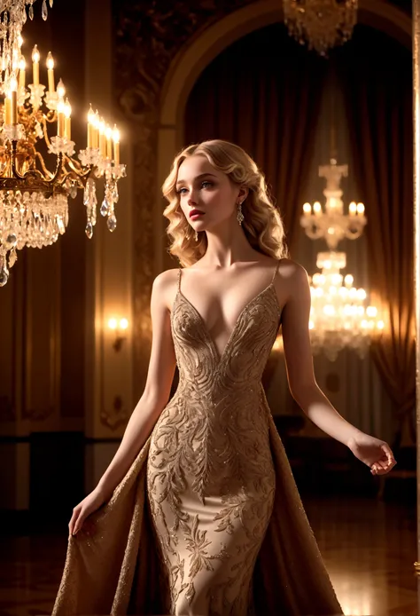 1girl, a beautiful woman wearing a elegant evening dress, Evening Dress, detailed face, detailed eyes, detailed lips, long eyelashes, wavy blonde hair, standing in an ornate ballroom, dramatic lighting, cinematic composition, intricate dress details, luxur...