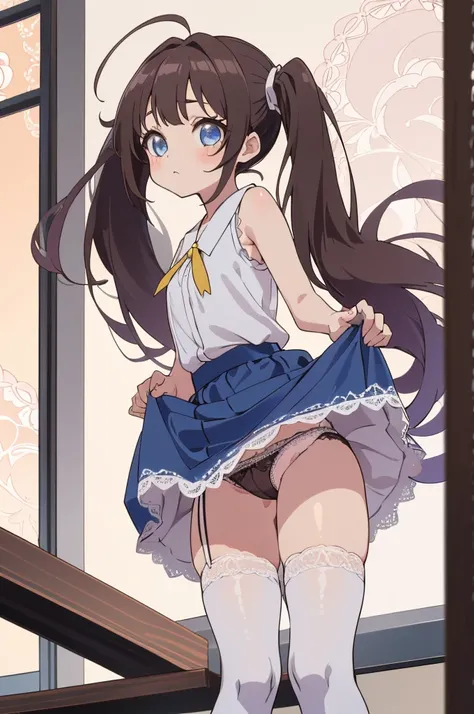 1girl,solo, big eyes, cowboy shot, (little girl:1.3), hinatsuru ai, blue eyes, dark hair, brown hair, absurdly long hair, ahoge, twintails, sleeveless,(((lift skirt,lace panties))),thighhighs