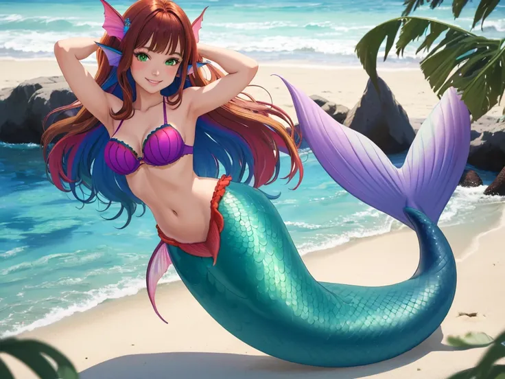 masterpiece, best quality:1.2), 1girl, smile, looking at viewer, green eyes, short brown multicolored hair, mermaid, mermaid girl, wearing purple seashell bra, laying on belly on beach, colorful mermaid tail, outdoors, head fins, fin ears