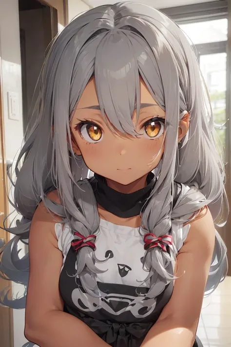 ((((tanned skin)))), ((((grey color hair))), long curly twin-tail hair with tousled ends, messy bangs that show forehead. Large, beautiful yellow eyes. Mom、Mother、rattle