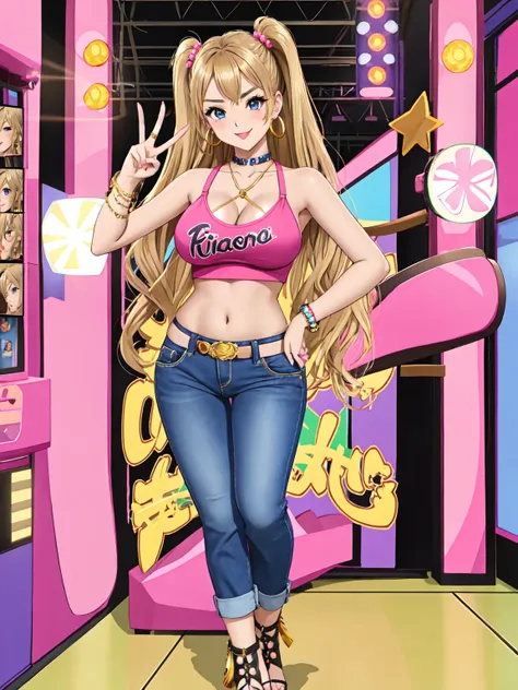 Glamorous gyaru girl from early 2000s Japanese gyaru magazine AGEHA, blonde hair with brown streaks styled in twin tails or bunches, thick heavy makeup, dark sculpted eyebrows, deeply tanned glowing bronzed skin, wearing a tiny microskirt or low-rise hip-h...