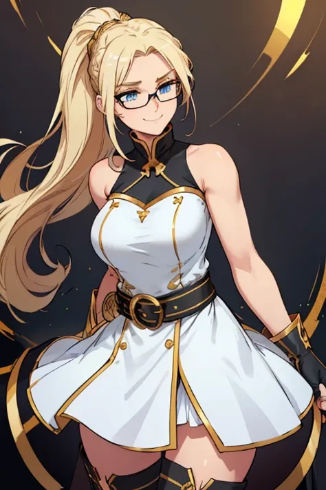 female, blonde long hair in a ponytail, blue eyes, (((1girl))), (((white strapless and sleeveless tunic with gold trim))), (white skirt with gold trim), (black belt), (black knee high boots with gold trim), ( black fingerless gloves), (glasses), (black rin...