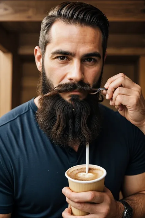 man,  30 years, with a short beard and mustache, drinks cofee 