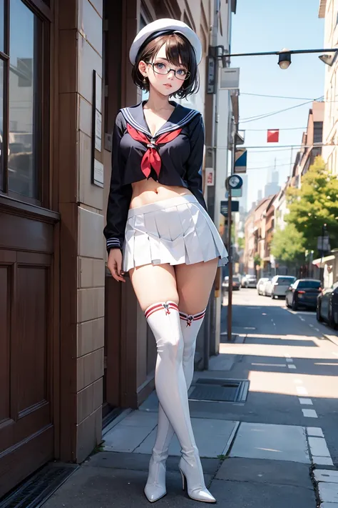 Best quality, Masterpiece, white thighboots, pleated skirt, sailor uniform, beret, glasses, short hair, medium breasts, cleavage, full body, city, high heels boots, navel