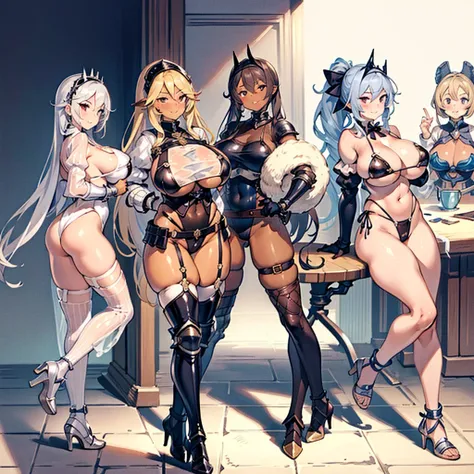 (masterpiece), Highest quality, (Exquisitely detailed body:1.5), (Four Girls, Group shot:1.4), (The body is slim:1.1), (Huge boobs:1.5), (Dark Skin:1.1), (muscle:1.1), Blonde, Silver Hair, Twin tails, Braiding, amount, (Open your mouth, Smile:1.1), (Wink:1...