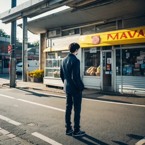 man standing infront of a supermarket