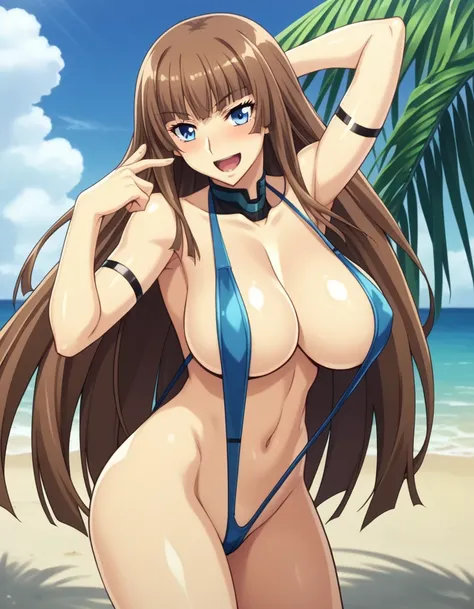 score_9, score_8_up, score_7_up, score_6_up, masterpiece, best quality, source_anime, anime screencap, aoi nagisa, BREAK solo, 1girl, koukawa asuka, brown hair, long hair, blue eyes, bangs, large breasts, slingshot swimsuit, shiny skin, BREAK smile, blush,...