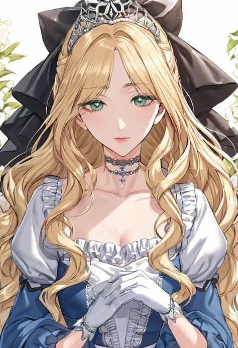 sexy-style, floral background, romance manhwa, 1girl, blonde hair, solo, long hair, flower, dress, tiara, white dress, gloves, l...