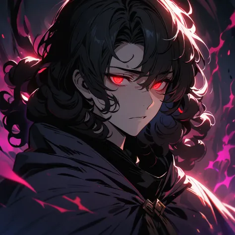 a handsome man with short black hair, curly hair, red eyes, dark aura surrounding him, 4k, masterpiece, cloak, glowing eyes