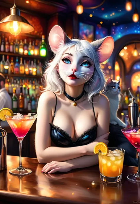 Renoir style , Hallucination, daydream , nightmare , Insane Dream , bokeh , erotica , realistic female mouse and realistic male cat , Bar, Cocktails