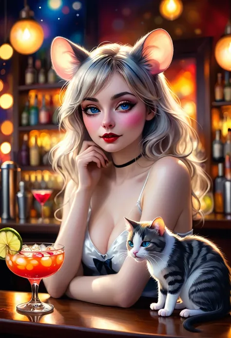 Renoir style , Hallucination, daydream , nightmare , Insane Dream , bokeh , erotica , realistic female mouse and realistic male cat , Bar, Cocktails