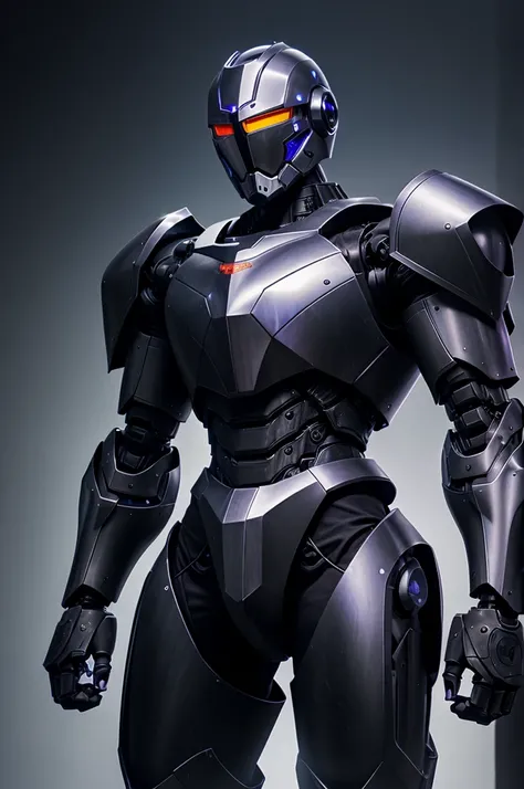 Robotic Futuristic male mecha knight in black cyber armor with black cape, purple light glowing from eyes and gaps within the armor