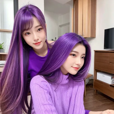 1woman hair purple, mid 20 years old, body, in the home,vibrant colors, ultra high realistic, ultra high quality