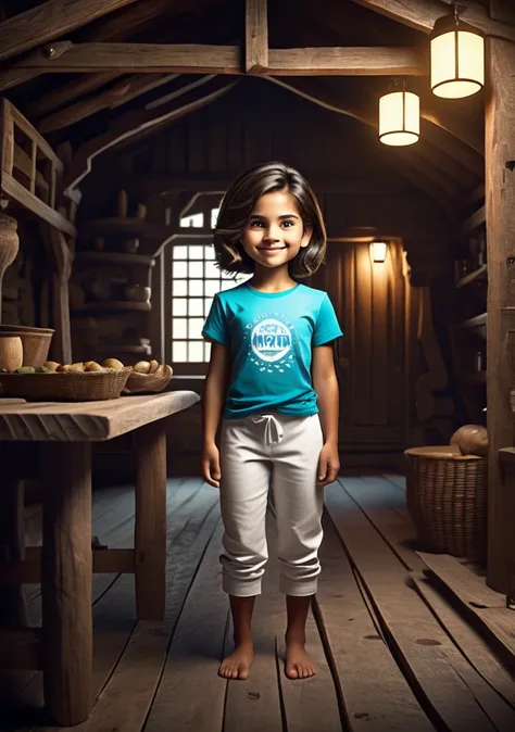 one girl standing alone in a wooden village, hair is short, wearing a full sleevs t-shirt and white box pants, 
full body, looking at viewer, smile,
The soft lighting and detailed surroundings create an immersive environment where imagination runs wild,
hy...