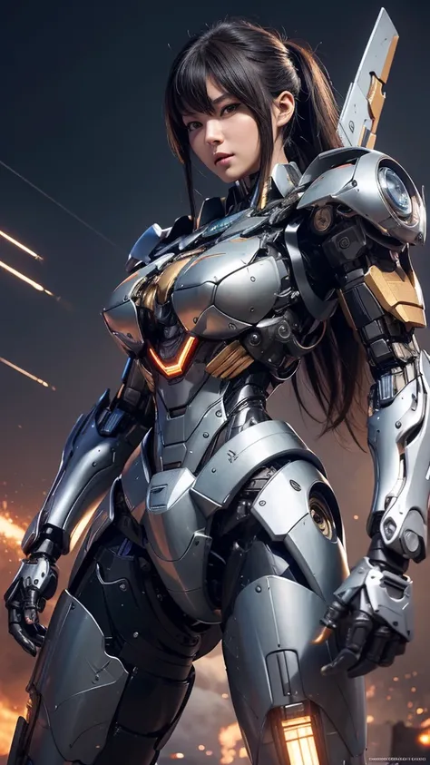 Textured skin, Super Detail, high details, High quality, Best Quality, hight resolution, 1080p, hard disk, Beautiful,(Super Heroine),Oppai Missile,beautiful cyborg woman,Mecha Cyborg Girl,Battle Mode,Girl with a Mecha Body,She wears a battle cyborg mech wi...