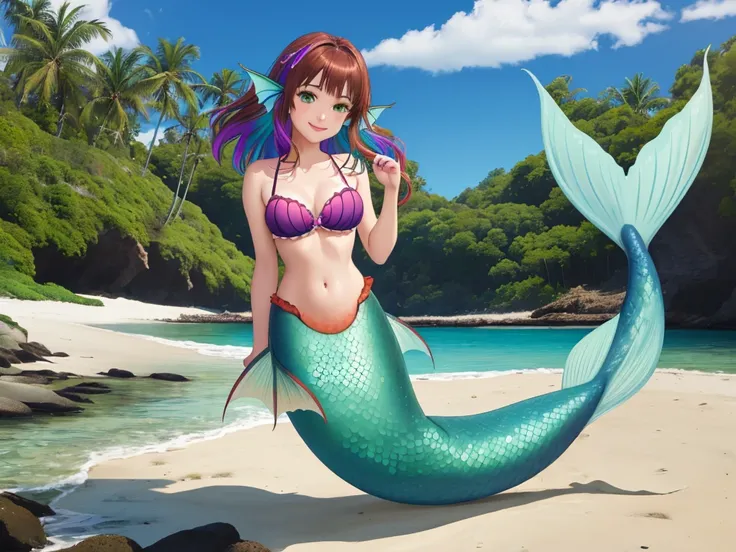 masterpiece, best quality:1.2), 1girl, smile, looking at viewer, green eyes, short brown multicolored hair, mermaid, mermaid girl, wearing purple seashell bra, laying on belly on beach, colorful mermaid tail, outdoors, head fins, fin ears