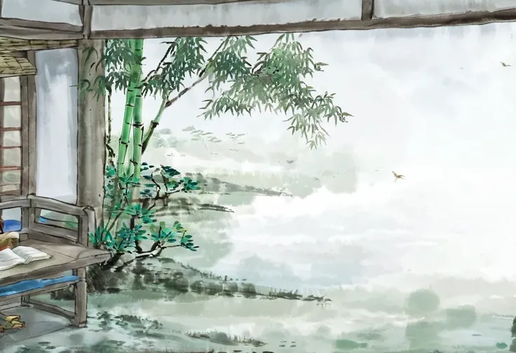 Photography，Chinese Ink Painting，Traditional Chinese Art，Simplicity ，An old house，House by the lake，Complete wooden house，There is a desk in the house，Boy reading a book，Boy in traditional Chinese costume，There is a bamboo forest outside the window，The sha...