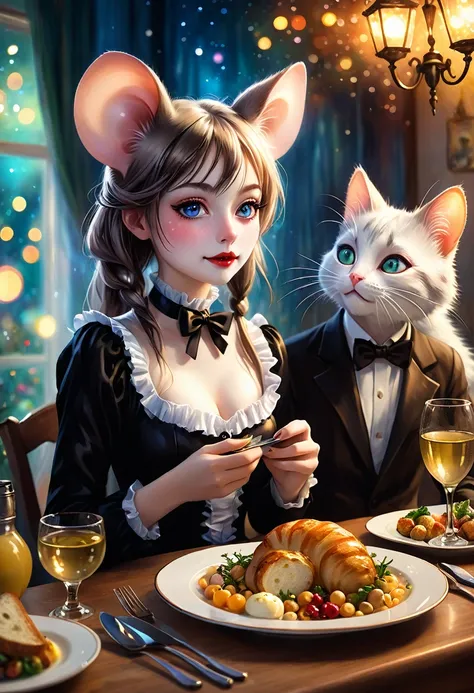 Renoir style , Hallucination, daydream , nightmare , Insane Dream , bokeh , erotica , realistic mouse girl and realistic cat man , dinner