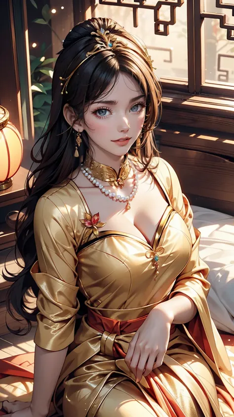 There is a woman wearing a Chinese dress, 27 years old, 28 years old, 29-year-old, 32 years old, Delicate makeup, Ye Wen, 23 years old, Round face, Cute Liane, Gold Tiara, Pearl Necklace, Jade hairpin