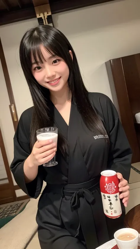 Realistic , photorealistic , masterpiece , best quality , super quality , ((ultra detailed)), extremely detailed , highers , Raw Photo , 16k portrait , curvy , gloss skin , full body , Black long hair , ultrahappy , (get drunk) , portable shrine ,  Hakama ...