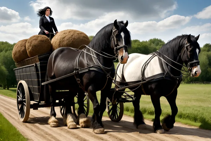 complete view of horse. a big fat black shire horse with big bum. pulling dray cart. nude full figured woman driving. very dark skinned. very short hair. dung pile under horse. raised tail.