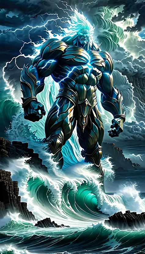 A colossal Water Titan emerging from the depths of a stormy ocean, its body made of swirling waves and seafoam. Towering over the dark, churning waters, its eyes glow with an otherworldly blue light. Surrounding it are massive waves crashing violently agai...