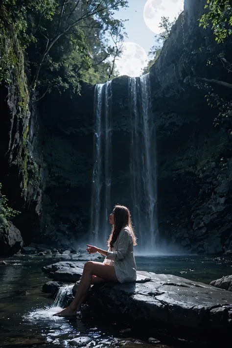 shot by Sony a7 IV Mirrorless Camera, natural light, analog film photo, Kodachrome ,in a magical crystal world , a woman is sitting near a waterfall on a full moon night , sparkling and glittering glowing particles in the air , soft bluish glow