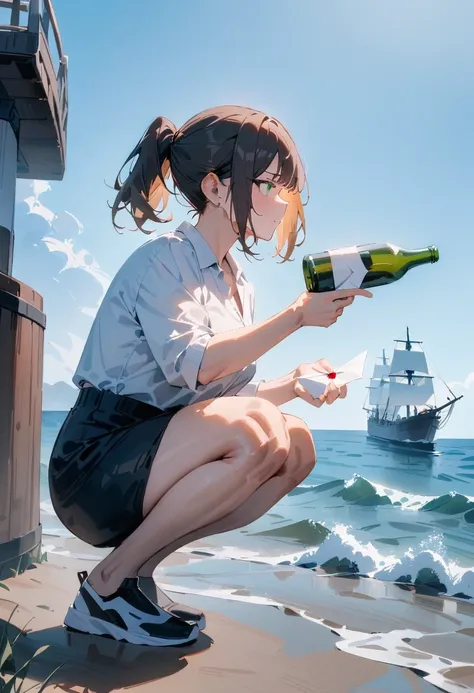 masterpiece, best quality, very aesthetic, absurdres, newest, 1girl, solo, adult, brunette, ponytail, medium hair, green eyes, looking forward, squatting, determined, holding a Empty bottle with letter, seaside, ship, waves, clouds, clear sky, side view, f...