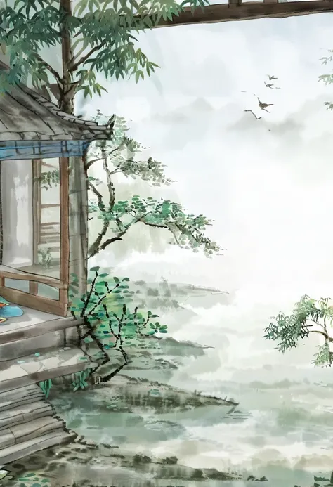 Photography，Chinese Ink Painting，Traditional Chinese Art，Simplicity ，An old house，House by the lake，Complete wooden house，There is a desk in the house，Boy reading a book，Boy in traditional Chinese costume，There is a bamboo forest outside the window，The sha...