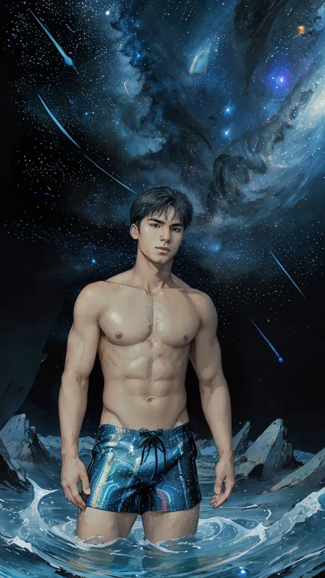 (masterpiece, high resolution, detailed:1.3), a mesmerizing depiction of a (strikingly handsome young man:1.2) donning (sleek and form-fitting swim trunks, bulge:1.2), standing against the backdrop of the vast and mysterious cosmos. His (toned physique:1.2...