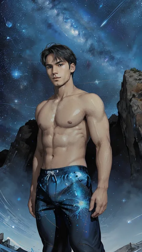 (masterpiece, high resolution, detailed:1.3), a mesmerizing depiction of a (strikingly handsome young man:1.2) donning (sleek and form-fitting swim trunks, bulge:1.2), standing against the backdrop of the vast and mysterious cosmos. His (toned physique:1.2...