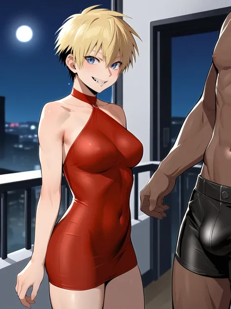 score_9, score_8_up, source_anime, standing, hellsing, seras, blonde hair, nude, indoors, night, night sky, nighttime, vampire, smirk, fangs, ikuchan, balcony, town background, clothed, male wearing shorts, muscular male, medium breasts, boyfriend, couple,...