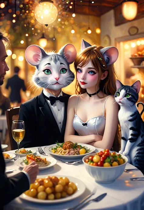 Renoir style , Hallucination, daydream , nightmare , Insane Dream , bokeh , erotica , realistic mouse girl and realistic cat man , dinner