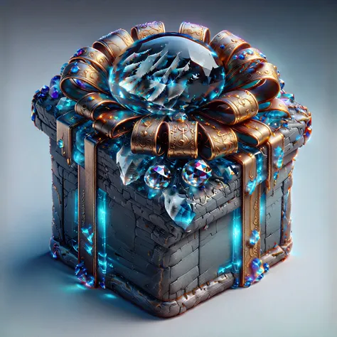 gift box，there is a crystal ball on it, magic items, 3d amazing details, dark style的gift box 镶嵌宝石, 8k high quality detailed art,...