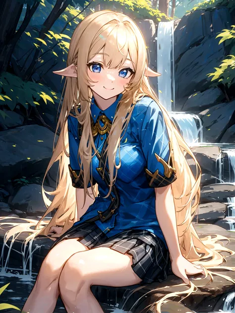 The most beautiful girl in the world, smile, Long hair brass color, Wear a blue short-sleeved shirt., Wear a plaid miniskirt., Sitting near a waterfall in the forest