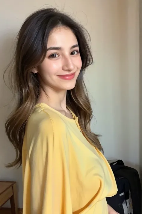 20YO, small nose, one women,attractive, Jordanian, Arab, Bright Yellow shirt, cute smile, cute face, white teethes, skinny face, light brown eyes, black/blonde long hair, modest