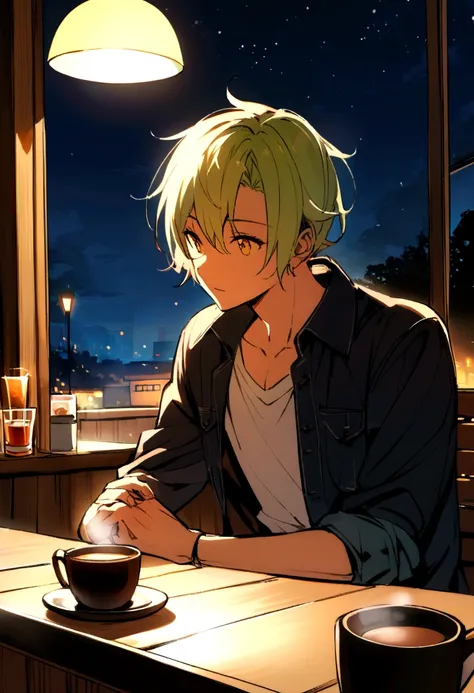 Man sitting in café,sunny,Night Sky,Drink coffee, Japanese