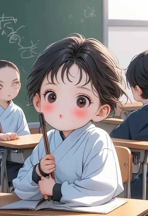 Highest quality, movie image quality, cute  with a good face in the classroom, desk, chair, blackboard, classmate with  (8 years old, little , cute), Jujutsu Kaisen style