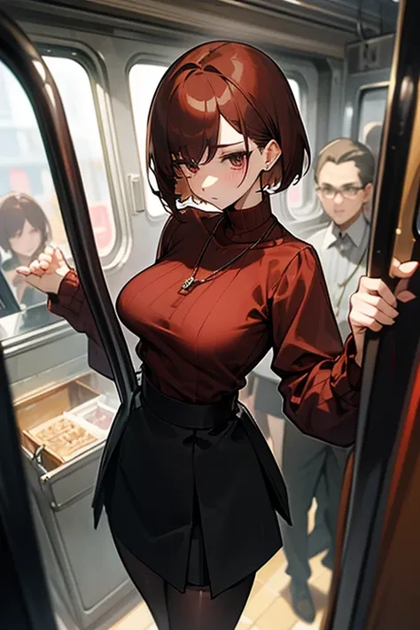 Reddish brown short length hair、Black high neck waffle knit top、Flared sleeves、Tight Skirt、Black Stockings、necklace、tits、slender、In a crowded train、Messed up