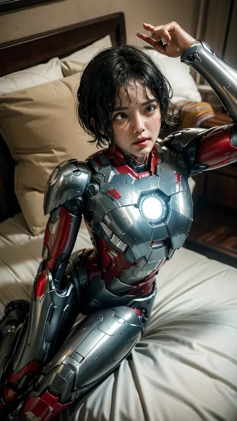 Highest quality　8k Iron Man Suit Girl　Middle-aged women　Sweaty face　cute　short hair　boyish　Steam coming out of my head　My hair is wet with sweat　The feel of black hair　Full body portrait　My upper body is soaked　 　I can see the vagina　Lying in bed